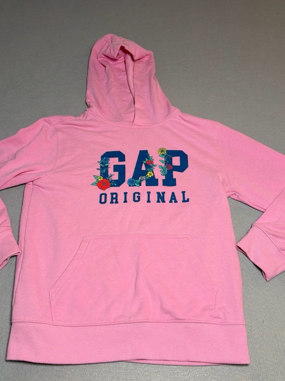 GAP Girls Size 10/12 Pink Hoodie with Navy Floral Logo